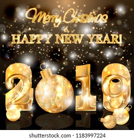 Golden 2019 New year gift card, vector illustration