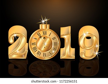 Golden 2019 New year invitation wallpaper, vector illustration