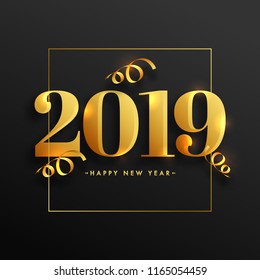 Golden 2019 text on black background for New Year celebration. Can be used as greeting card design.
