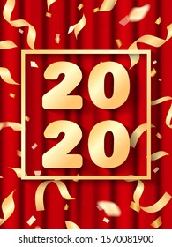 Golden 2020 date. Blue background with serpentine. Vector illustration