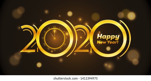 Golden 2020 Design com Feliz Ano Novo Texto - Evento Vetor Fundo - Cartão de Convite