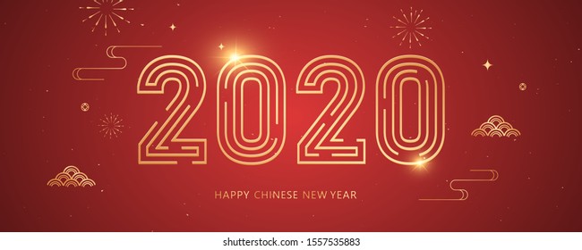 Golden 2020 font, Chinese traditional elements vector illustration, banner and cover	