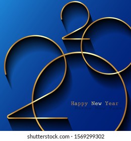 Golden 2020 Happy New Year logo. Holiday greeting card. Vector illustration. Holiday design for greeting card, invitation, calendar, party, gold luxury vip, isolated on blue background 