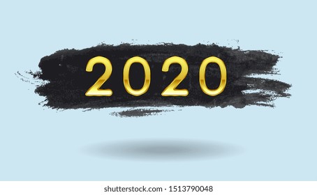 Golden 2020 New Year lettering on black grunge watercolor brush strokes. Vector greeting card design