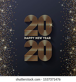 Golden 2020 new year logo with holiday greeting and stippled glitter background. Design for greeting card, invitation, calendar, etc.