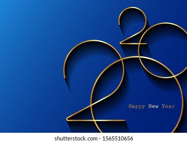 Golden 2020 New Year logo. Holiday greeting card. Vector illustration. Holiday design for greeting card, invitation, calendar, party, gold luxury vip, isolated on blue background 