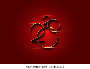 Golden 2020 New Year logo with copy space. Christmas theme, vector illustration. Holiday design for greeting card, invitation, calendar, party, gold luxury vip, isolated on red background 