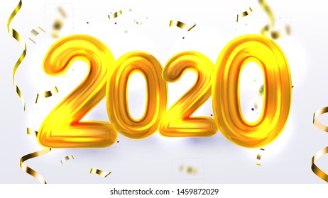 Golden 2020 New Year Xmas Party Banner Vector. Glossy Yellow Two Thousand Twenty 2020 Decorated Coil Glitter Confetti On White Background Merry Christmas Greeting Postcard Realistic 3d Illustration