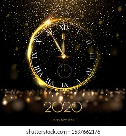 Golden 2020 number with big watch vector illustration. Happy new year banner template. Festive postcard, xmas greeting card design with gold glitter and typography. Christmas holiday congratulations