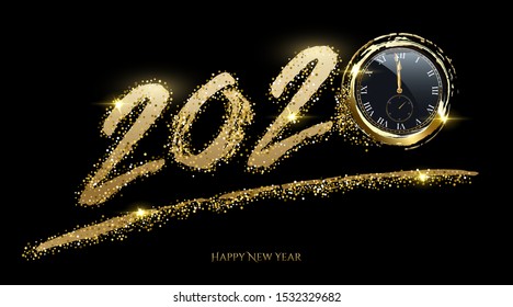 Golden 2020 number with watch vector illustration. Happy new year banner template. Festive postcard, xmas greeting card design with gold glitter and typography. Christmas holiday congratulations