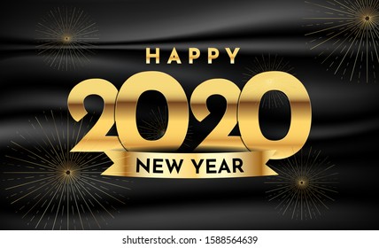 Golden 2020 numbers with gold Burst firework isolated on black satin texture. Happy New Year