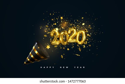 Golden 2020 numbers, party popper cone and glittering confetti isolated on black. Vector festive illustration. Holiday decoration with sparkling tinsel particles. Happy New Year