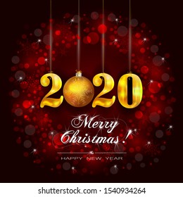 Golden 2020 sign inside a circle of luminous red particles and the calligraphic inscription Merry Christmas!