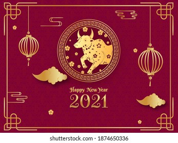 Golden 2021 Happy New Year Text with Chinese Zodiac Ox in Circle Frame, Hanging Lanterns and Clouds on Dark Pink Traditional Pattern Background.