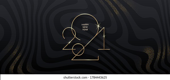 Golden 2021 New Year Logo On Black Striped Background With Glitter Gold. Holiday Greeting Card. Vector Illustration. Holiday Design For Greeting Card, Invitation, Calendar, Etc.