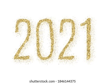 Golden 2021 New Year vector banner. Confetti particles font calligraphy. New Year wishes, 2021 of confetti scatter. Premium banner.