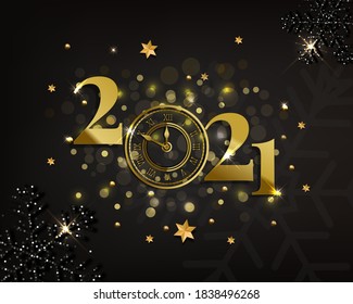 Golden 2021 number with watch on the dark background. Vector template for your design.