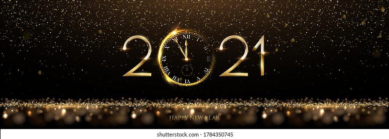 Golden 2021 number with watch vector illustration. Happy new year banner template. Festive postcard, xmas greeting card design with gold glitter and typography. Christmas holiday congratulations