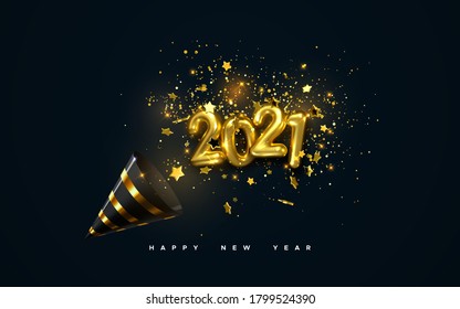 Golden 2021 numbers, party popper cone and glittering confetti isolated on black. Vector festive illustration. Holiday decoration with sparkling tinsel particles. Happy New Year