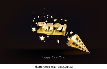 Golden 2021 numbers, party popper cone and glittering confetti isolated on black. Vector festive illustration. Holiday decoration with sparkling tinsel particles. Happy New Year