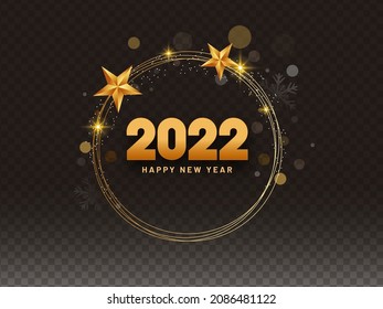 Golden 2022 Happy New Year Font In String Round Frame With 3D Stars, Lights Effect On Black Png Background.