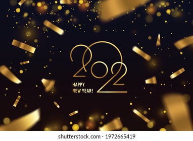 Golden 2022 logo text design on black backround. Vector stylish elegant modern minimalistic text with numbers. Concept design. Christmas background with stars, snow, confetti. Happy New Year.