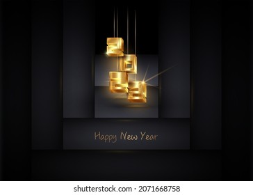 Golden 2022 New Year 3D logo, interlocking numbers. Christmas theme, vector illustration. Holiday design for greeting card, invitation, calendar, party, gold luxury vip, isolated on black background 