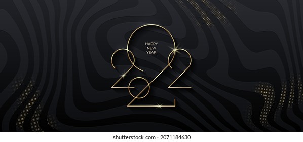 Golden 2022 New Year logo on black striped background with glitter gold. Holiday greeting card. Vector illustration. Holiday design for greeting card, invitation, calendar, etc.