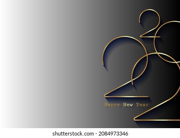 Golden 2022 New Year logo. Holiday greeting card. Vector illustration. Holiday design for greeting card, invitation, calendar, party, gold luxury vip, isolated on black gradient background 