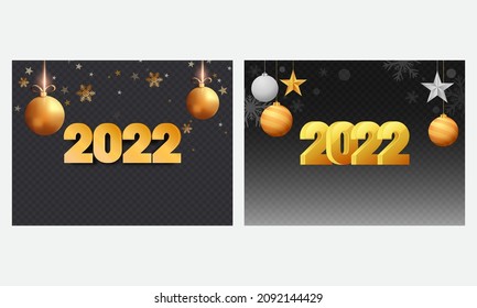 Golden 2022 Number With Realistic Baubles Hang, Stars And Snowflakes On Black Png Background In Two Options.