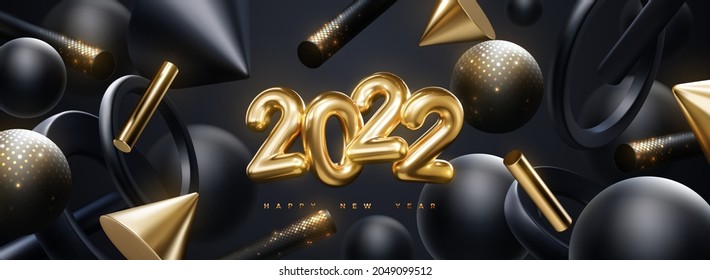 Golden 2022 numbers with flowing black and gold geometric 3d shapes. Vector festive illustration. Happy New 2022 Year. Festive poster or banner design. Party invitation