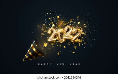 Golden 2022 numbers, party popper cone and glittering confetti isolated on black background. Vector festive illustration. Holiday decoration with sparkling tinsel particles. Happy New Year