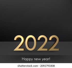 Golden 2022 sign standing on black surface background. Happy new year. Vector illustration.