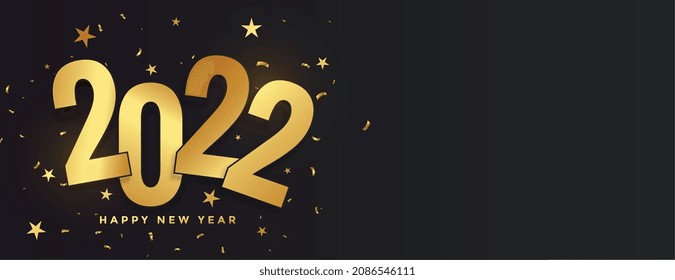 golden 2022 stylish new year celebration banner with stars and confetti