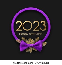 Golden 2023 happy new year sign in round purple wreath ftame with bow and fir branches. Vector holiday illustration.