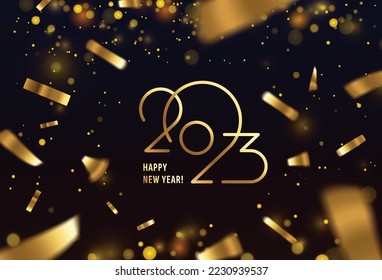 Golden 2023 logo text design on black backround. Vector stylish elegant modern minimalistic text with numbers. Concept design. Christmas background with stars, snow, confetti. Happy New Year.