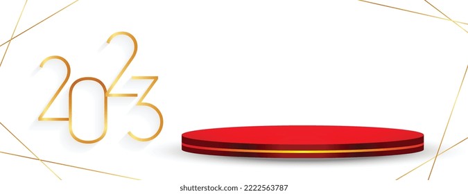 golden 2023 new year banner with 3d podium platform vector 
