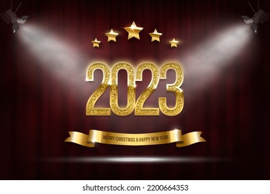 Golden 2023 number under spotlight vector illustration. Merry Christmas and Happy new year banner template. Festive postcard, xmas greeting card design with red curtain, stars and ribbon.