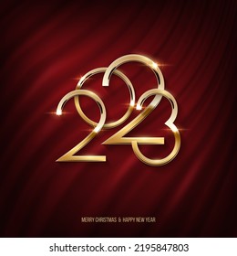 Golden 2023 number vector illustration. Merry Christmas and Happy new year banner template. Festive postcard, xmas greeting card design with red curtain and typography, holiday congratulations.
