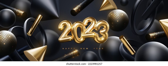 Golden 2023 numbers with flowing black and gold geometric 3d shapes. Vector festive illustration. Happy New 2023 Year. Festive poster or banner design. Party invitation