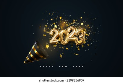 Golden 2023 numbers, party popper cone and glittering confetti isolated on black background. Vector festive illustration. Holiday decoration with sparkling tinsel particles. Happy New Year