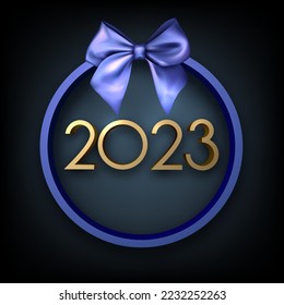 Golden 2023 sign in blue round frame with bow. New year design element.
