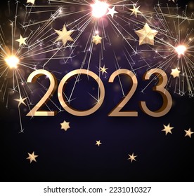 Golden 2023 sign on fireworks fireworks background with stars confetti.