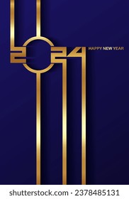 golden 2024 Happy New Year card with premium foil gradient texture lines, dark background. Festive luxury design for holiday card, invitation, calendar poster. 2024 New Year gold text on blue