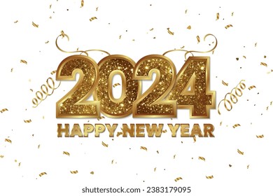 Golden 2024 Happy new year lettering typography with gold confetti background