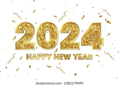 Golden 2024 Happy new year lettering with gold confetti background