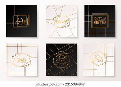 Golden 2024 numbers with geometrical polyhedron art decoration. 2024 Happy New Year elegant design set