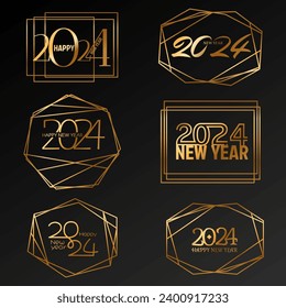 Golden 2024 numbers with geometrical polyhedron art decoration. 2024 Happy New Year elegant design set