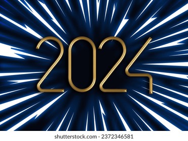 Golden 2024 Numbers on Explosion Background with Shiny Thunderbolts. Vector New Year Illustration.