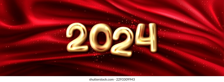 Golden 2024 numbers on red silk cloth background. Vector realistic illustration of yellow chrome 3D figures, glossy metal decoration on sparkling satin drapery. New year banner, holiday celebration - Powered by Shutterstock - Get 15% off with code: PIKWIZARD15